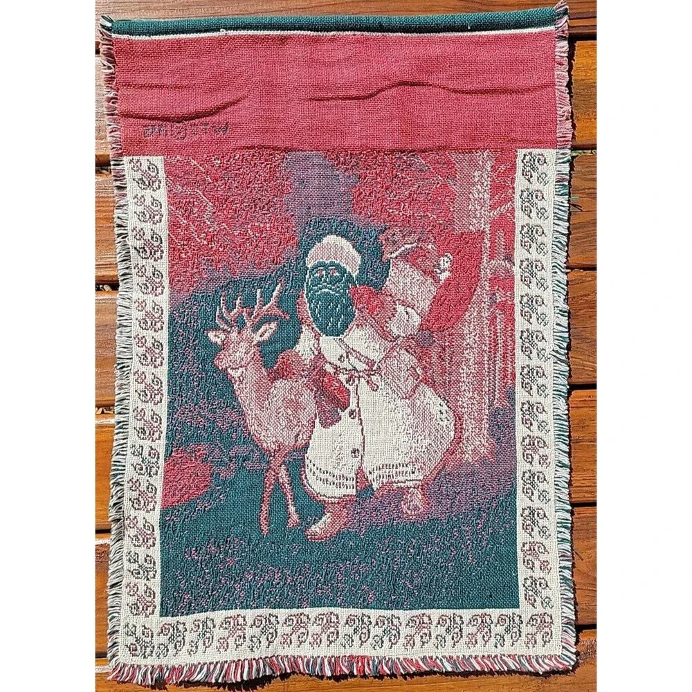 Vintage Christmas Tapestry Woven Wall-Hanging Santa With Reindeer 32x21 WTC 1995